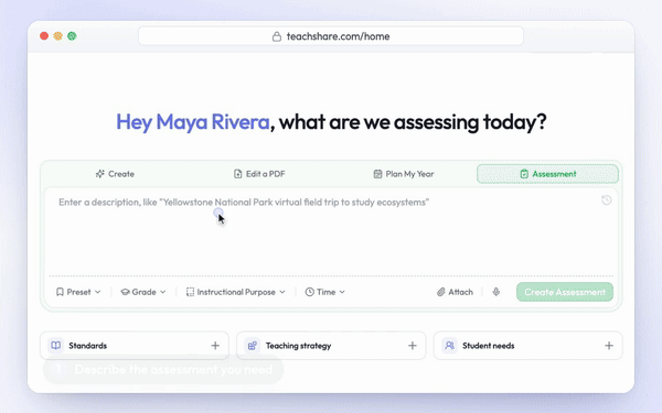 Assessments in TeachShare: describe the assessment you need, and Ida drafts it for you to review.