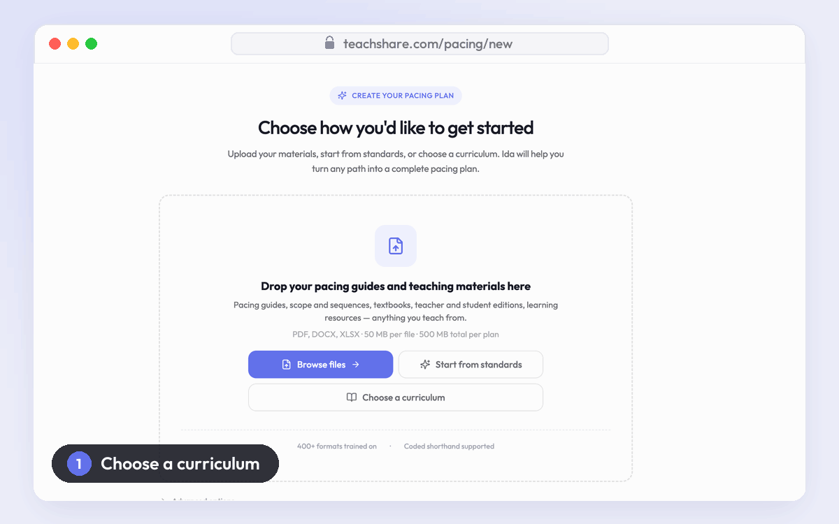 TeachShare pacing plans: choose a curriculum, find the one your district uses, and request access.